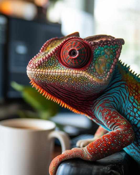 Chameleon sitting at a desk coding