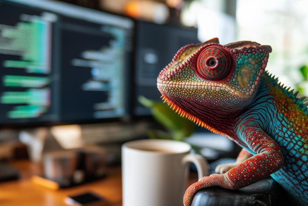 Chameleon sitting at a desk coding